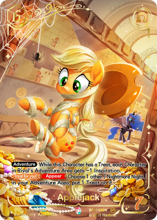 Applejack Colorful Rare card, My Little Pony TCG Nightmare Night BP03-CR04, wrapped as a mummy in a treasure tomb with Princess Luna