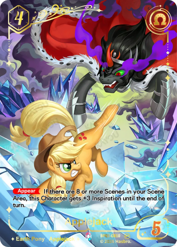 Applejack Colorful Rare card, My Little Pony TCG BP03-CR10, bucking at King Sombra across a field of crystals