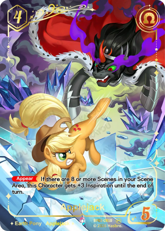 Applejack Colorful Rare card, My Little Pony TCG BP03-CR10, bucking at King Sombra across a field of crystals