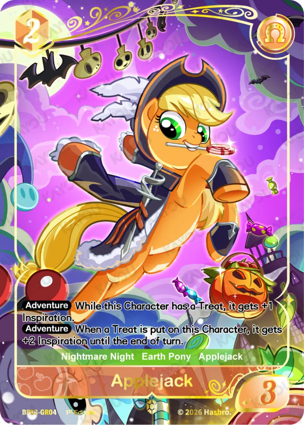 Applejack Gold Rare card, My Little Pony TCG Nightmare Night BP03-GR04, in a pirate costume with a lollipop and jack-o'-lantern basket