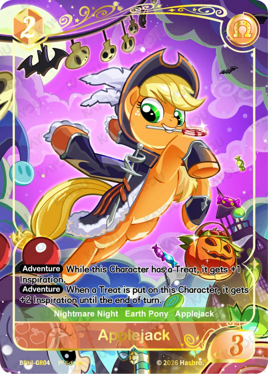 Applejack Gold Rare card, My Little Pony TCG Nightmare Night BP03-GR04, in a pirate costume with a lollipop and jack-o'-lantern basket