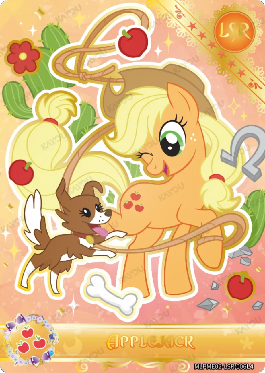 Applejack LSR card MLPME02-LSR-006L4, My Little Pony Kayou single: Applejack winking and swinging a lasso among cacti with her dog Winona, gold lace corner