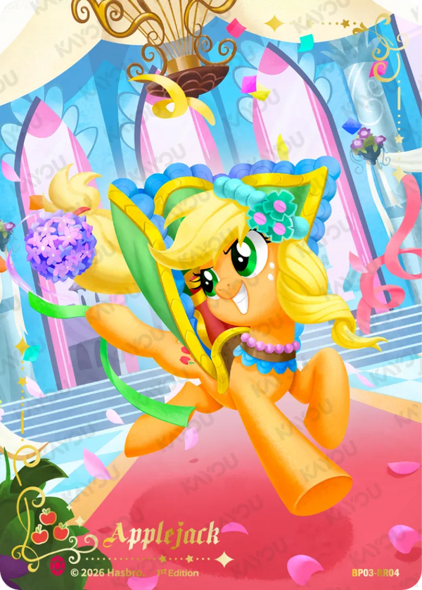 Applejack Ruby Rare card, My Little Pony TCG BP03-RR04, full-art in a gala gown with a bouquet on the red carpet