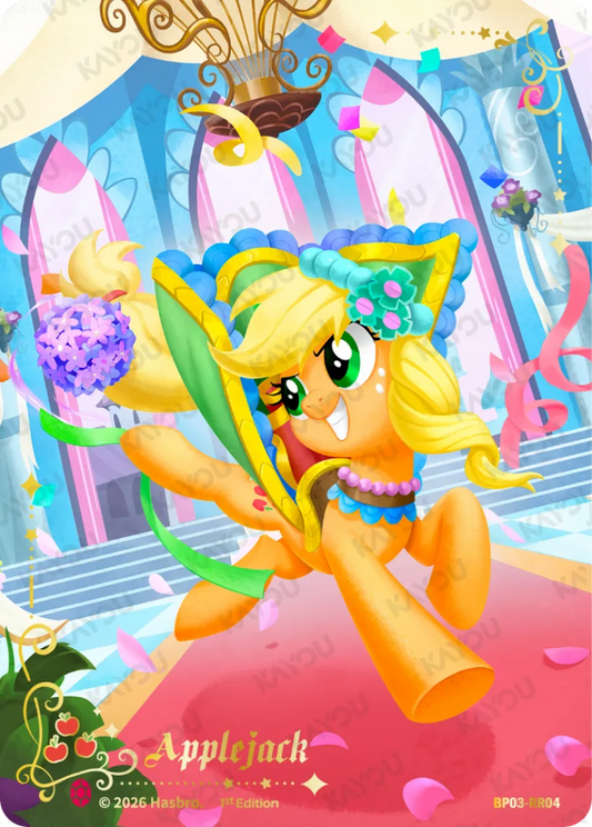 Applejack Ruby Rare card, My Little Pony TCG BP03-RR04, full-art in a gala gown with a bouquet on the red carpet