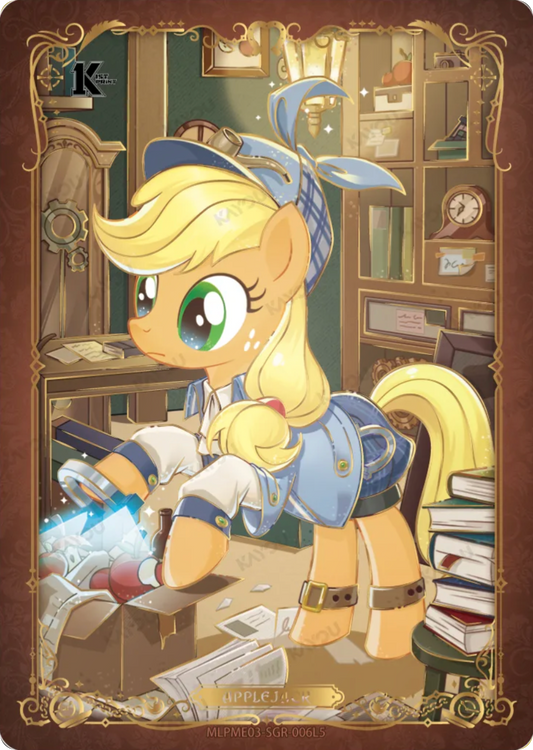 Applejack SGR card MLPME03-SGR-006L5, My Little Pony Kayou 1st Print single: Applejack as a detective in a blue coat searching a box of clues in a study, gold filigree border
