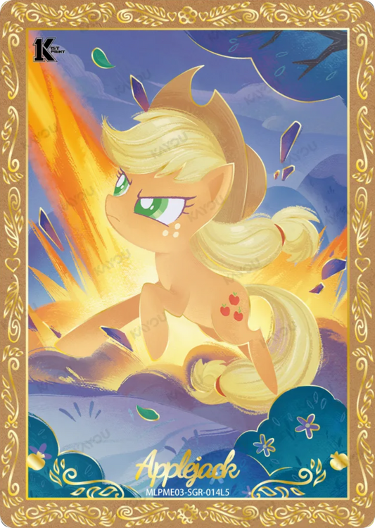 Applejack SGR card MLPME03-SGR-014L5, My Little Pony Kayou 1st Print single: Applejack charging through a fiery orange burst with crystal shards, ornate gold filigree border