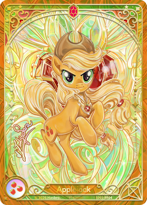 Applejack Shining Ruby Rare full-art card, My Little Pony TCG SD01-RR04, signed stained-glass style with a glowing red gem