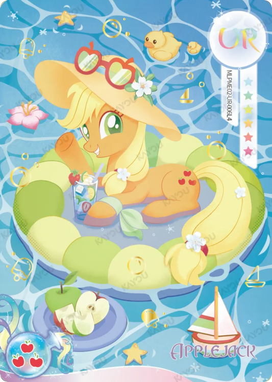 Applejack UR card MLPME02-UR-006L4, My Little Pony Kayou single: Applejack in a sun hat and apple sunglasses lounging on a pool float with a fruit drink