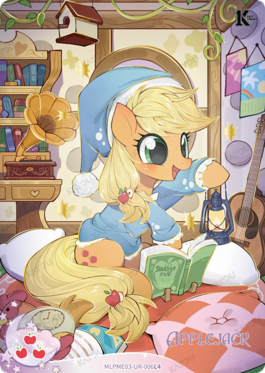 Applejack UR card MLPME03-UR-006L4, My Little Pony Kayou 1st Print single: Applejack in a blue nightcap and pyjamas reading a book by lantern light on pillows