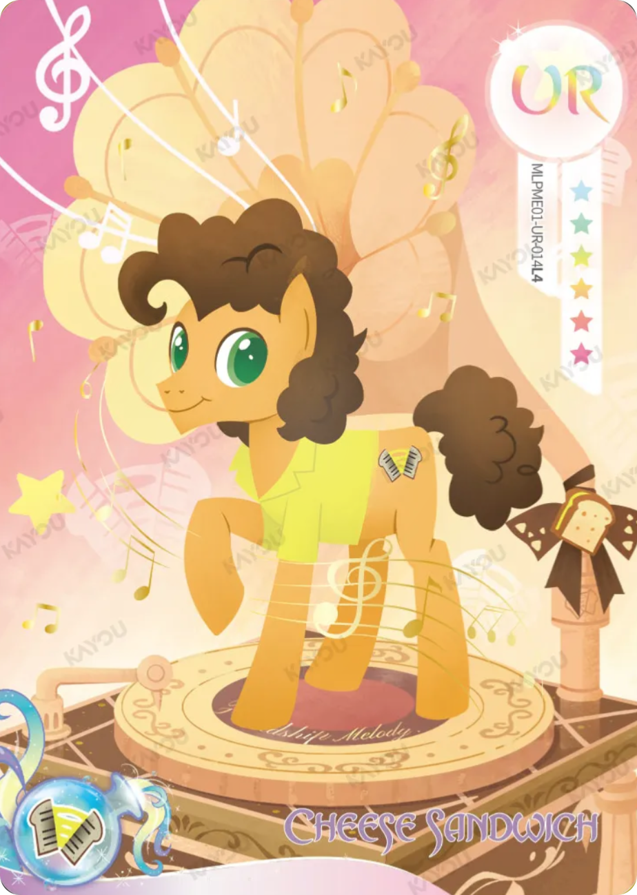 Cheese Sandwich UR card MLPME01-UR-014L4, My Little Pony Kayou single: Cheese Sandwich posing on a golden music box turntable with a gramophone and musical notes
