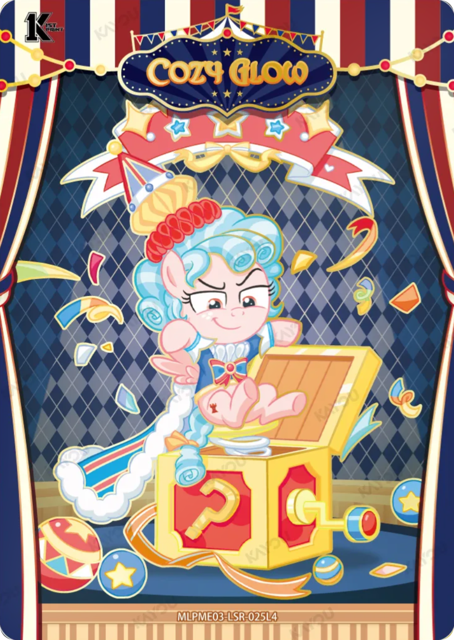 Cozy Glow LSR card MLPME03-LSR-025L4, My Little Pony Kayou 1st Print single: Cozy Glow springing from a jack-in-the-box on a circus stage under striped big-top curtains