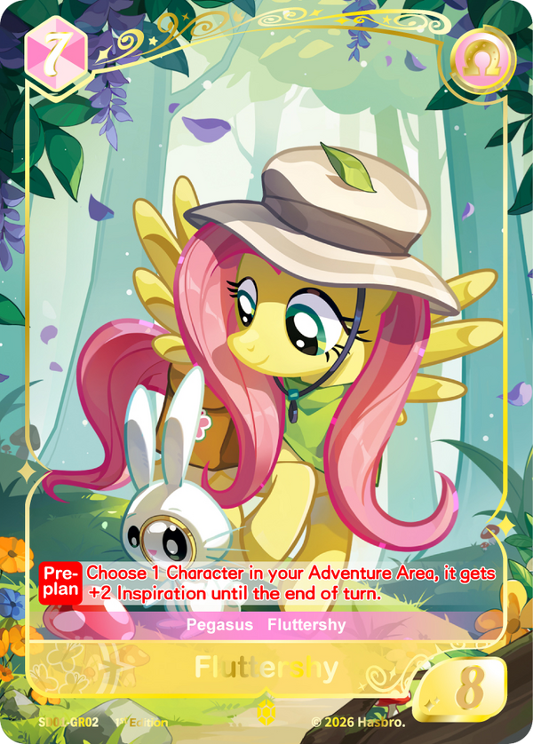 Fluttershy Gold Rare card SD01-GR02, My Little Pony TCG Friendships Begin single — Fluttershy in an explorer's sun hat beside Angel Bunny in a sunlit wisteria forest