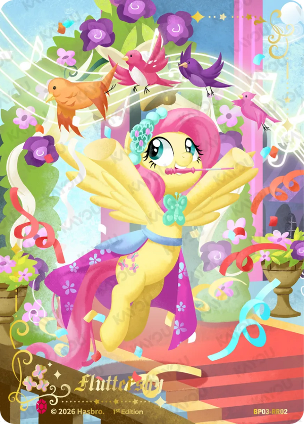Fluttershy Ruby Rare card, My Little Pony TCG BP03-RR02, full-art in a gala gown conducting songbirds