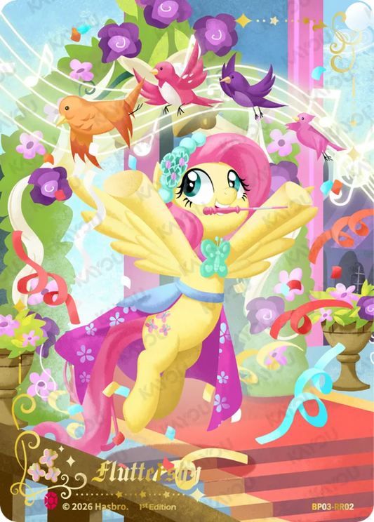 Fluttershy Ruby Rare card, My Little Pony TCG BP03-RR02, full-art in a gala gown conducting songbirds