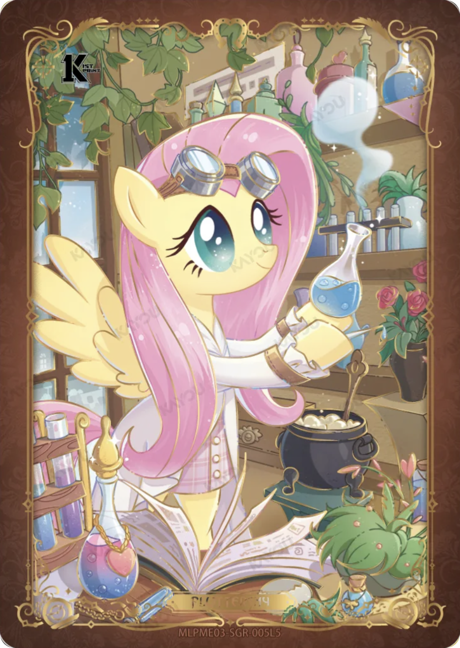 Fluttershy SGR card MLPME03-SGR-005L5, My Little Pony Kayou 1st Print single: Fluttershy in a lab coat and goggles holding a potion flask in an alchemy workshop, gold filigree border
