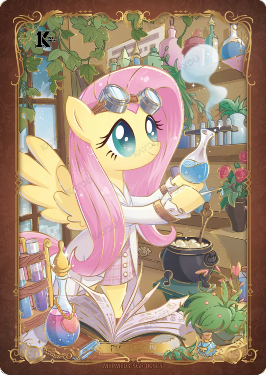Fluttershy SGR card MLPME03-SGR-005L5, My Little Pony Kayou 1st Print single: Fluttershy in a lab coat and goggles holding a potion flask in an alchemy workshop, gold filigree border