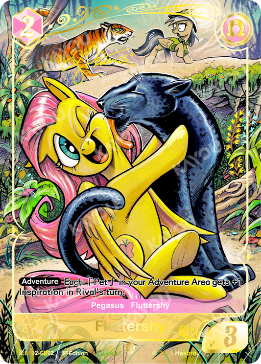 Fluttershy Shining Gold Rare card, My Little Pony TCG BP02-GR02, signed full-art with a black panther