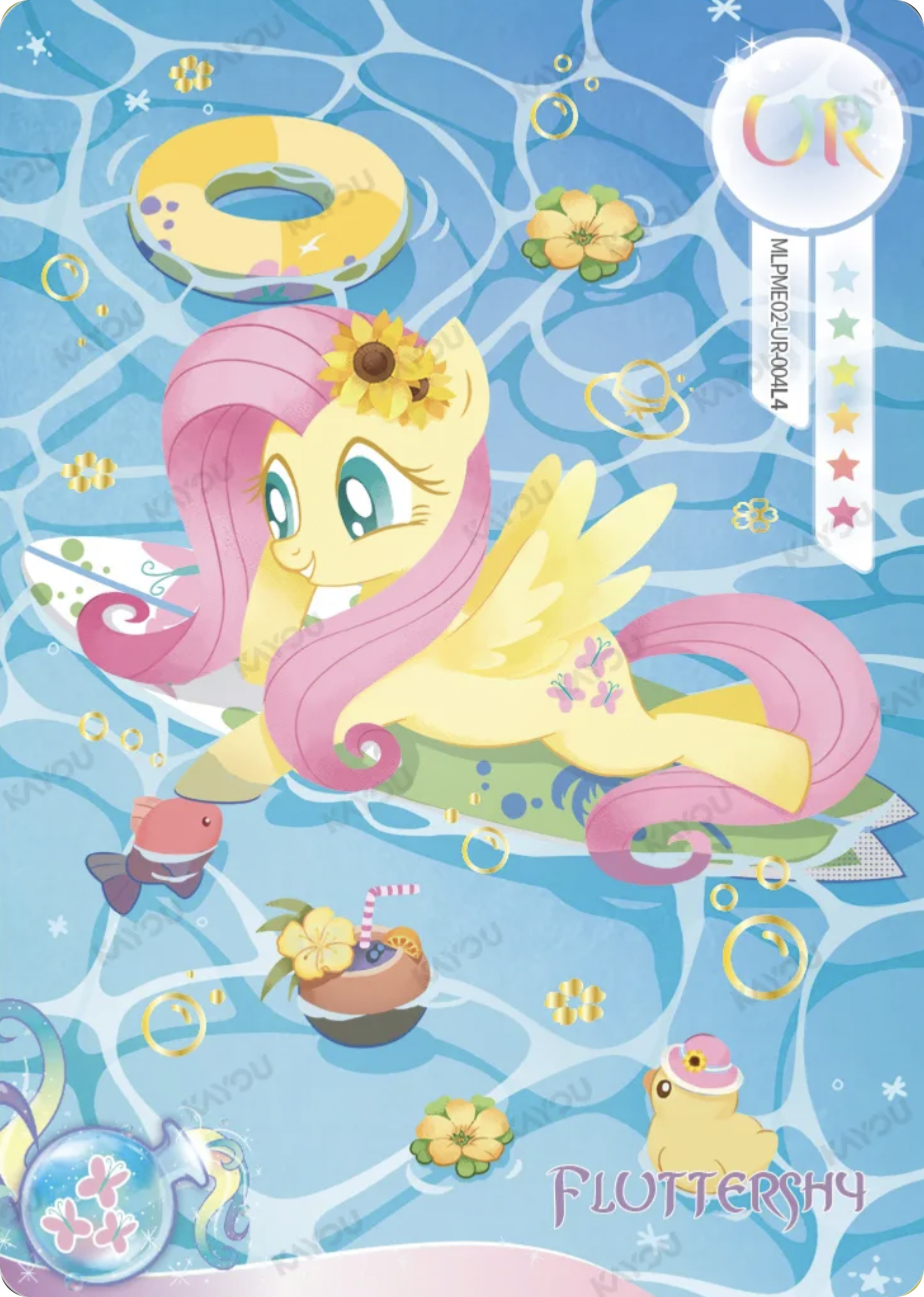 Fluttershy UR card MLPME02-UR-004L4, My Little Pony Kayou single: Fluttershy with a sunflower floating on a surfboard in a pool with a coconut drink