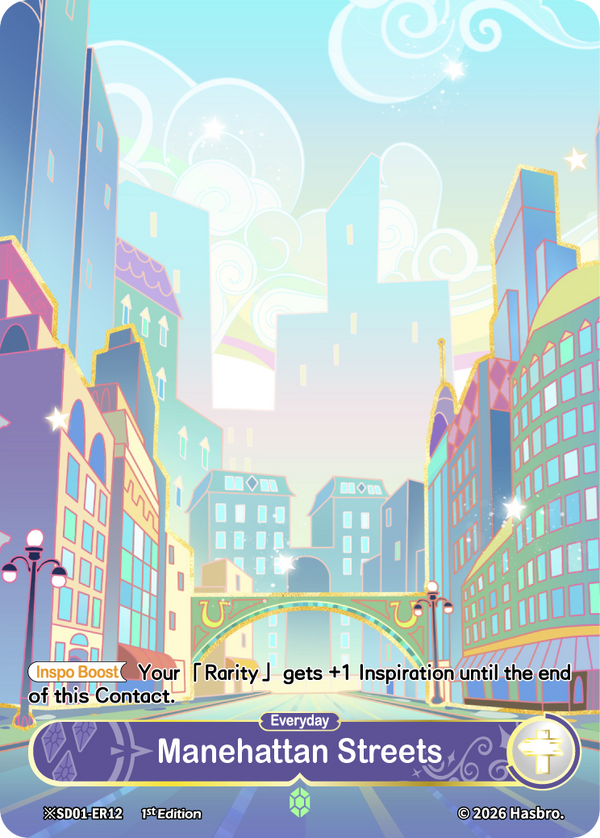 Manehattan Streets Shining Emerald Rare scene card SD01-ER12, My Little Pony TCG Friendships Begin single, day version — pastel Manehattan high-rise streets under a bright sky