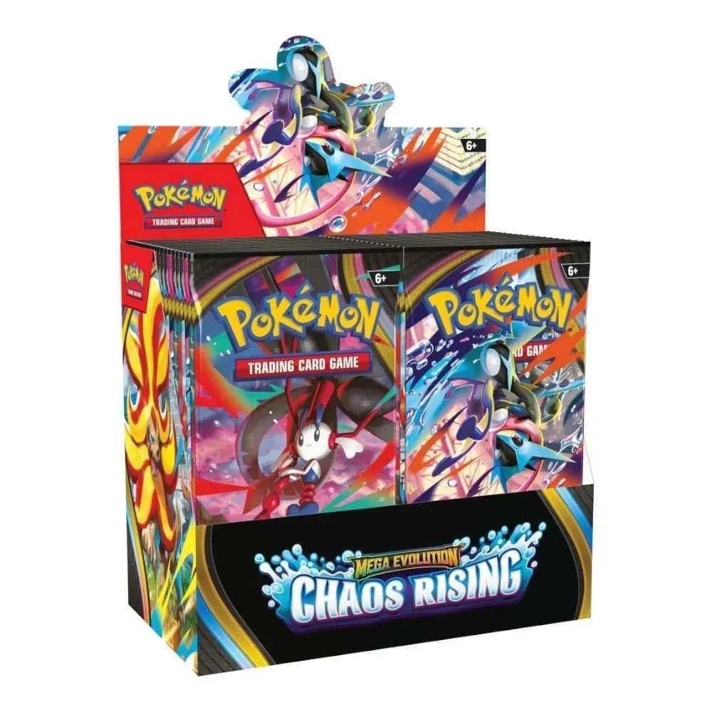 Pokémon TCG Mega Evolution Chaos Rising Booster Box – front of the sealed booster box