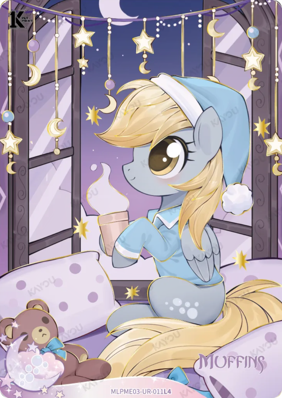 Muffins UR card MLPME03-UR-011L4, My Little Pony Kayou 1st Print single: Muffins in a nightcap and pyjamas sipping a hot drink by a starlit window with a teddy bear