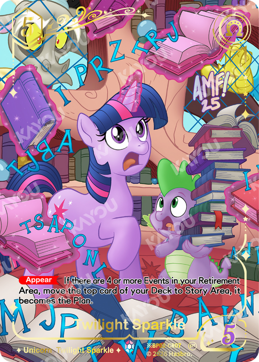 Twilight Sparkle Shining Colorful Rare card, My Little Pony TCG BP02-CR07, in the Golden Oak Library with Spike and Discord
