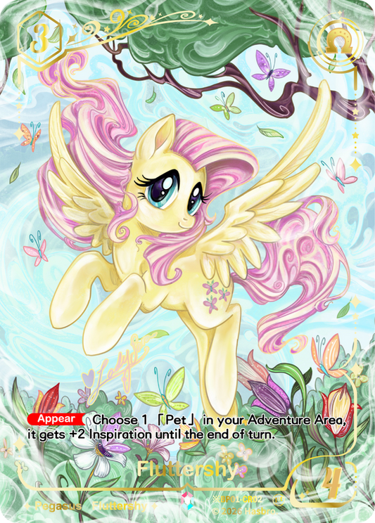 Fluttershy Shining Colorful Rare signed card, My Little Pony TCG BP01-CR02, gliding through a spring forest of butterflies and flowers