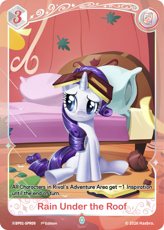 Rain Under the Roof Shining Sapphire Rare event card, My Little Pony TCG BP01-SPR09, Rarity in a leaky bedroom with a book on her head