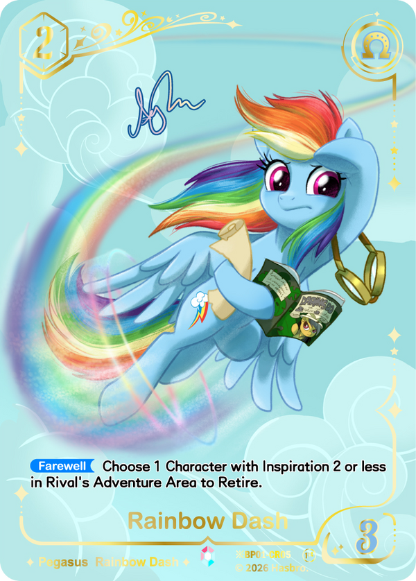 Rainbow Dash Shining Colorful Rare signed card, My Little Pony TCG BP01-CR05, flying on a rainbow trail with a Daring Do book