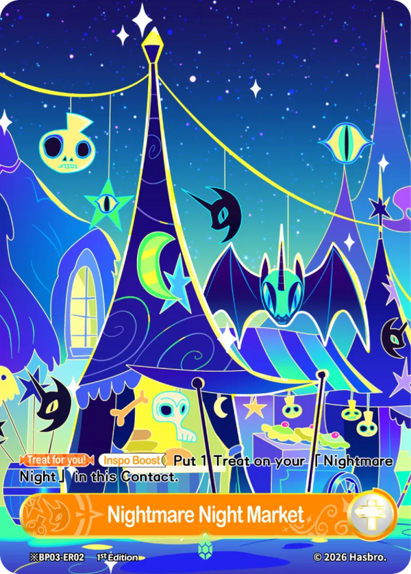 Nightmare Night Market Shining Emerald Rare scene card, My Little Pony TCG BP03-ER02, bat tents art