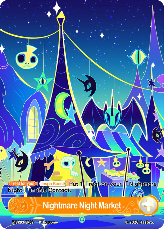 Nightmare Night Market Shining Emerald Rare scene card, My Little Pony TCG BP03-ER02, bat tents art