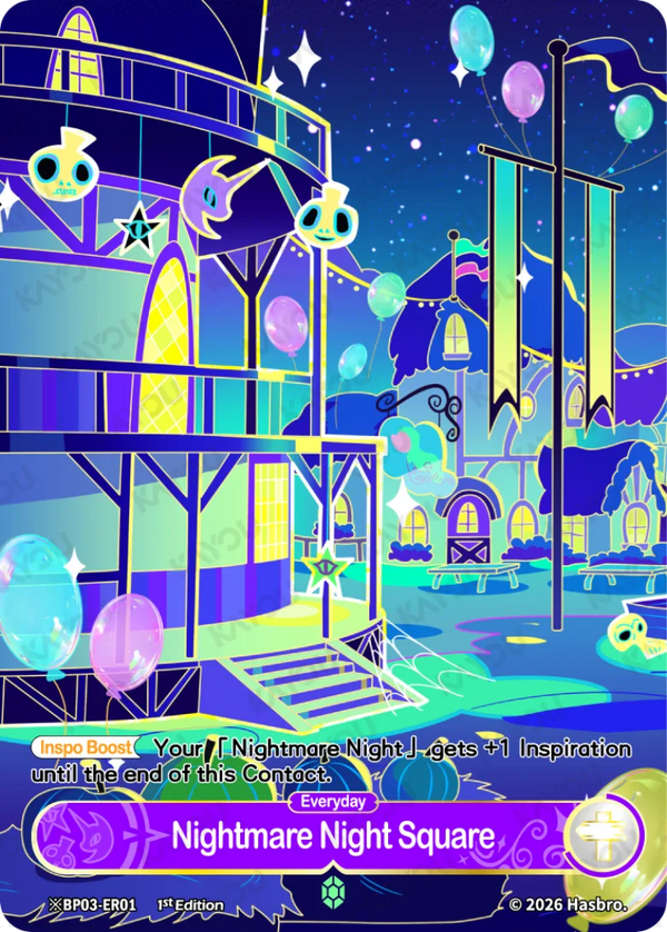 Nightmare Night Square Shining Emerald Rare scene card, My Little Pony TCG BP03-ER01, town hall art