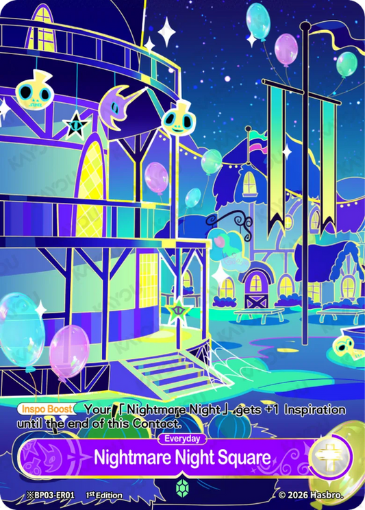 Nightmare Night Square Shining Emerald Rare scene card, My Little Pony TCG BP03-ER01, town hall art