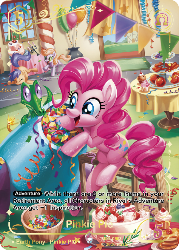 Pinkie Pie Colorful Rare card, My Little Pony TCG SD01-CR03, at a confetti-filled party