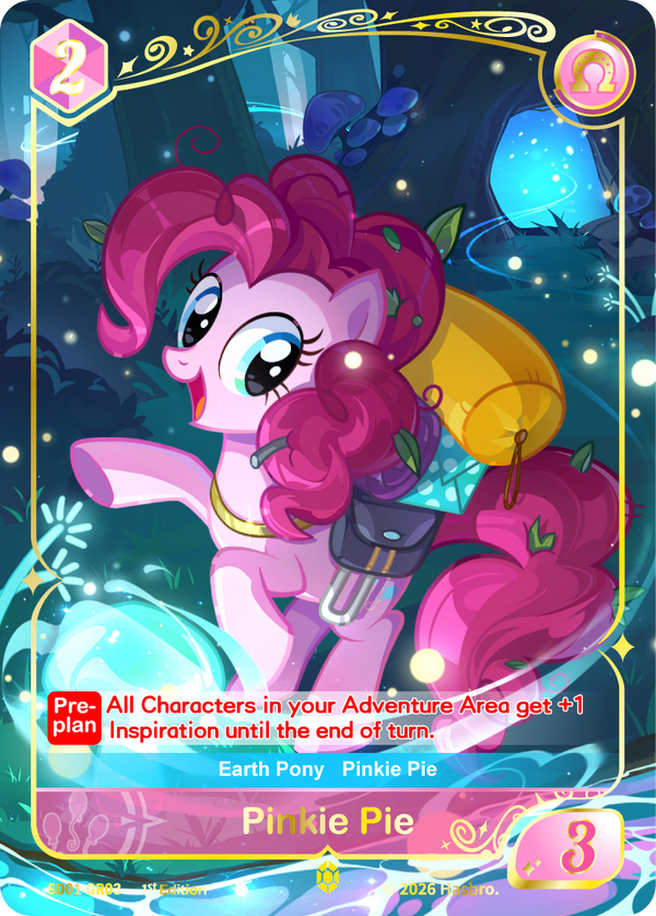 Pinkie Pie Gold Rare card SD01-GR03, My Little Pony TCG Friendships Begin single — Pinkie Pie with saddlebags and a lantern in a glowing blue crystal cavern