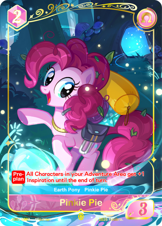 Pinkie Pie Gold Rare card SD01-GR03, My Little Pony TCG Friendships Begin single — Pinkie Pie with saddlebags and a lantern in a glowing blue crystal cavern