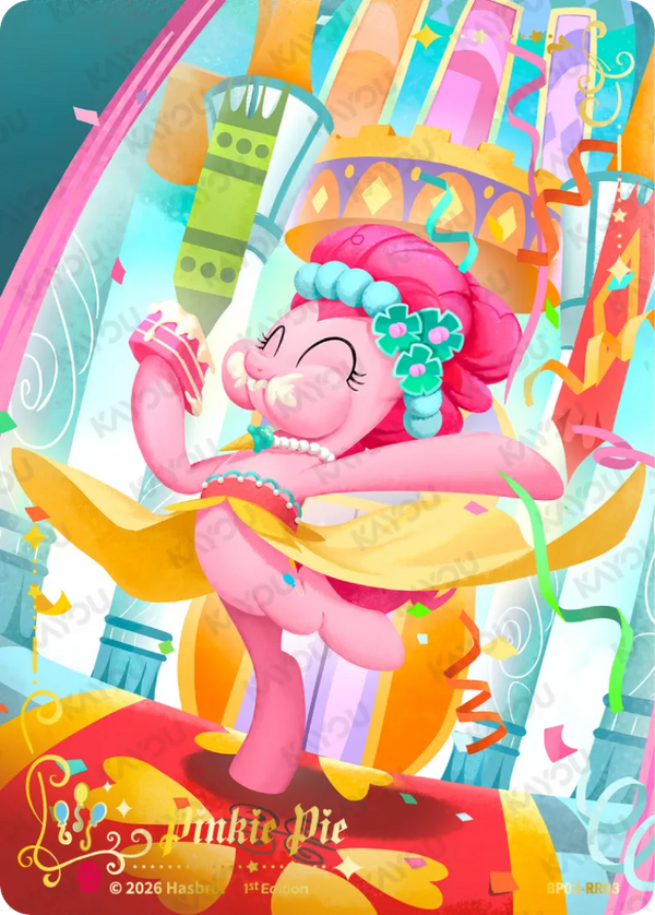 Pinkie Pie Ruby Rare card, My Little Pony TCG BP03-RR03, full-art in a gala gown eating cake in a castle ballroom