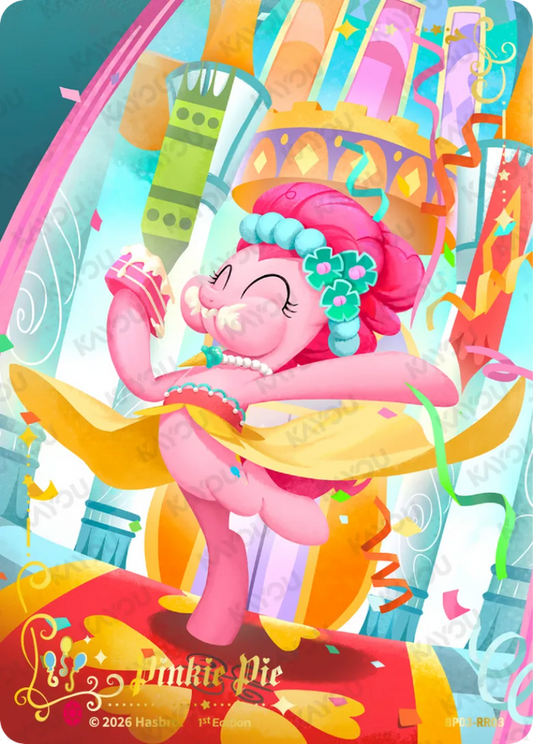 Pinkie Pie Ruby Rare card, My Little Pony TCG BP03-RR03, full-art in a gala gown eating cake in a castle ballroom
