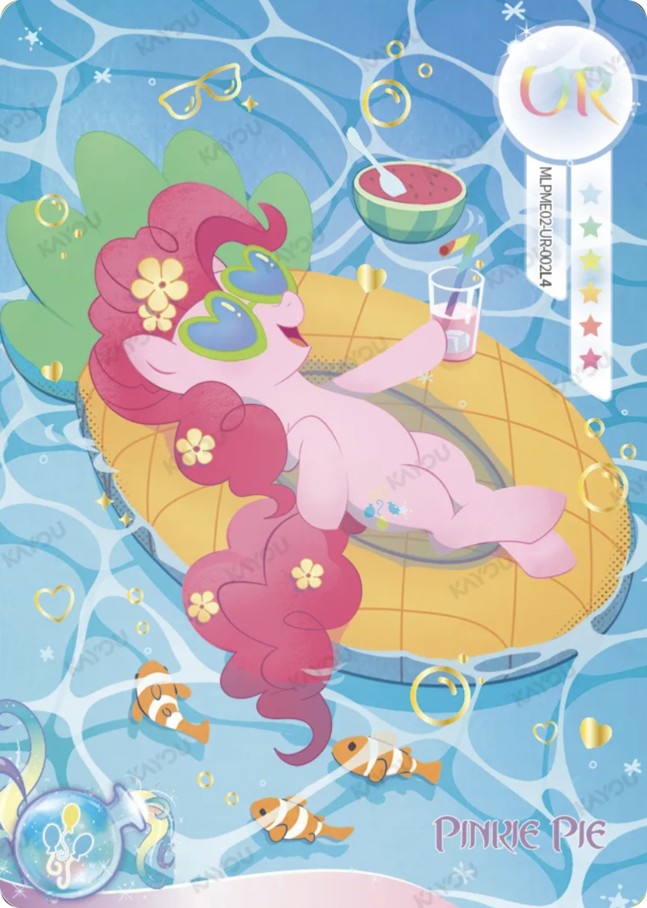 Pinkie Pie UR card MLPME02-UR-002L4, My Little Pony Kayou single: Pinkie Pie in heart sunglasses on a pineapple pool float with a drink and watermelon