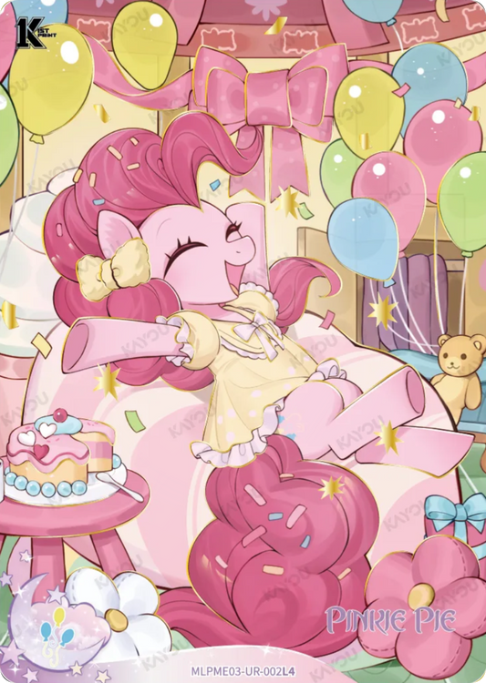 Pinkie Pie UR card MLPME03-UR-002L4, My Little Pony Kayou 1st Print single: Pinkie Pie in a yellow nightgown on a giant pillow surrounded by balloons, confetti and cake