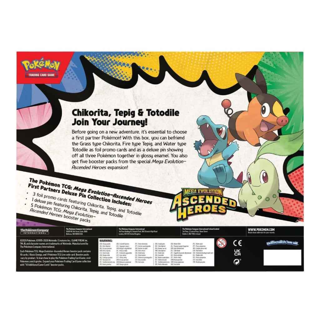 Pokémon Ascended Heroes First Partners Deluxe Pin Collection: Chikorita, Tepig and Totodile foil promos and pin