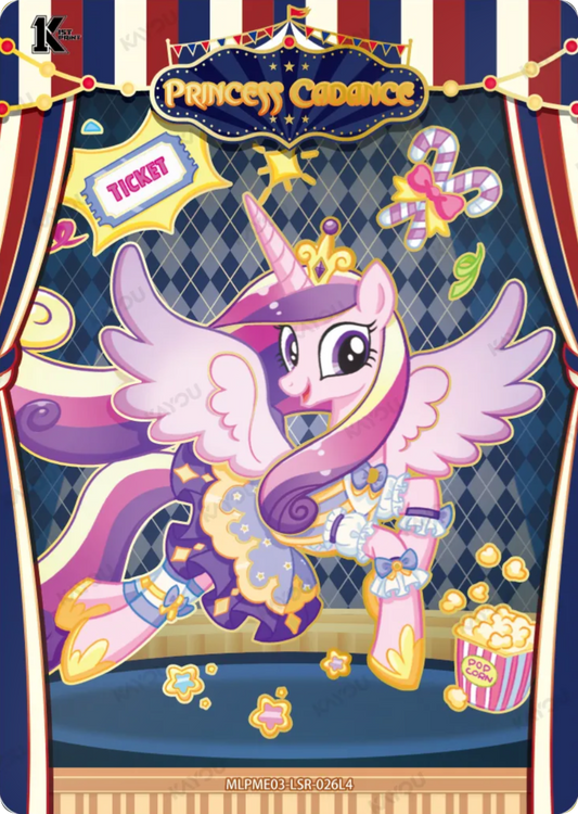 Princess Cadance LSR card MLPME03-LSR-026L4, My Little Pony Kayou 1st Print single: Princess Cadance in a performer's dress flying over a circus stage with popcorn and a ticket