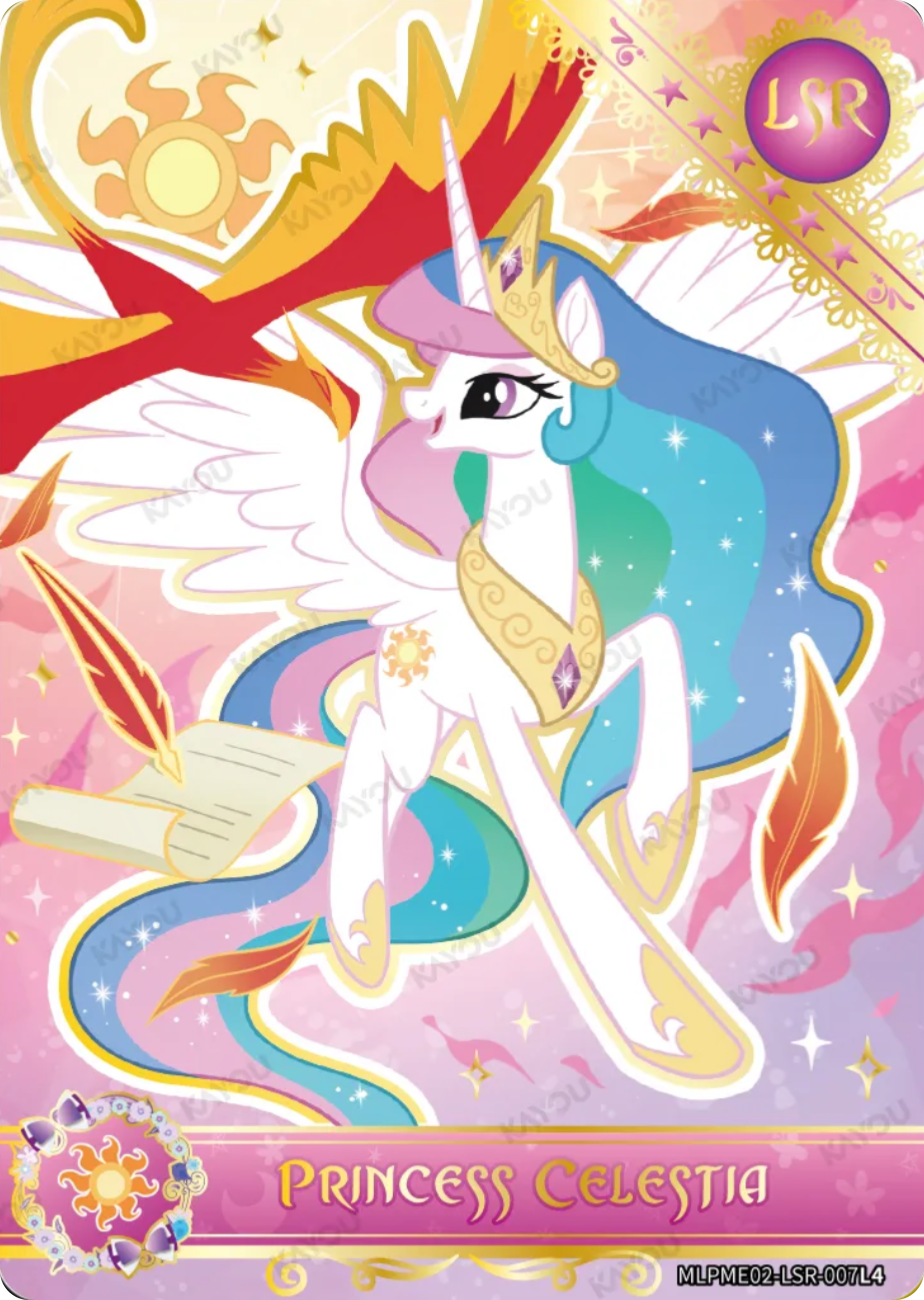 Princess Celestia LSR card MLPME02-LSR-007L4, My Little Pony Kayou single: Princess Celestia rearing in flight among phoenix feathers with a quill and scroll, gold lace corner