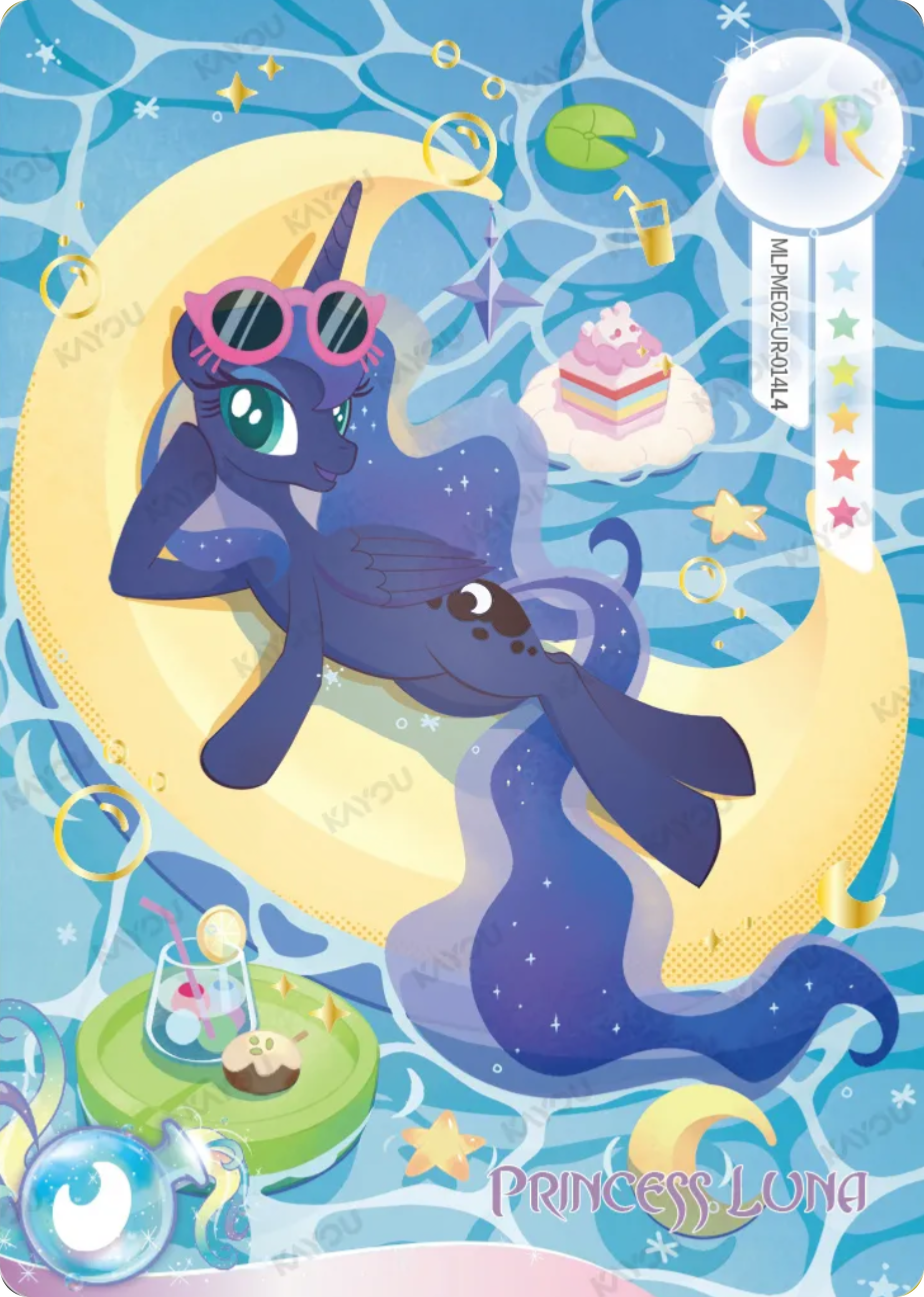 Princess Luna UR card MLPME02-UR-014L4, My Little Pony Kayou single: Princess Luna in pink sunglasses reclining on a crescent-moon pool float