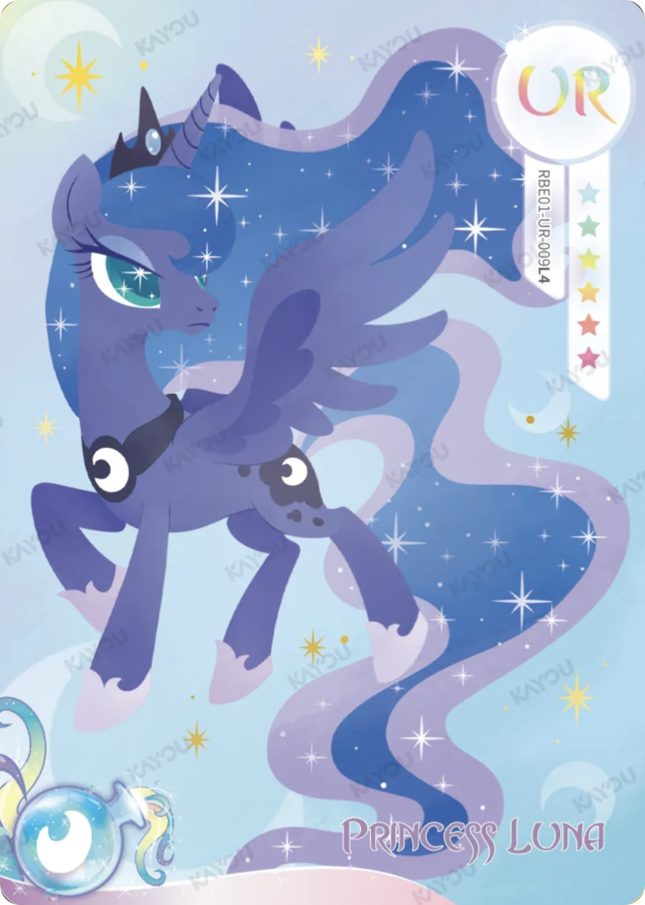 Princess Luna UR card RBE01-UR-009L4, My Little Pony Kayou single: Princess Luna leaping with her starry flowing mane among gold stars and crescent moons