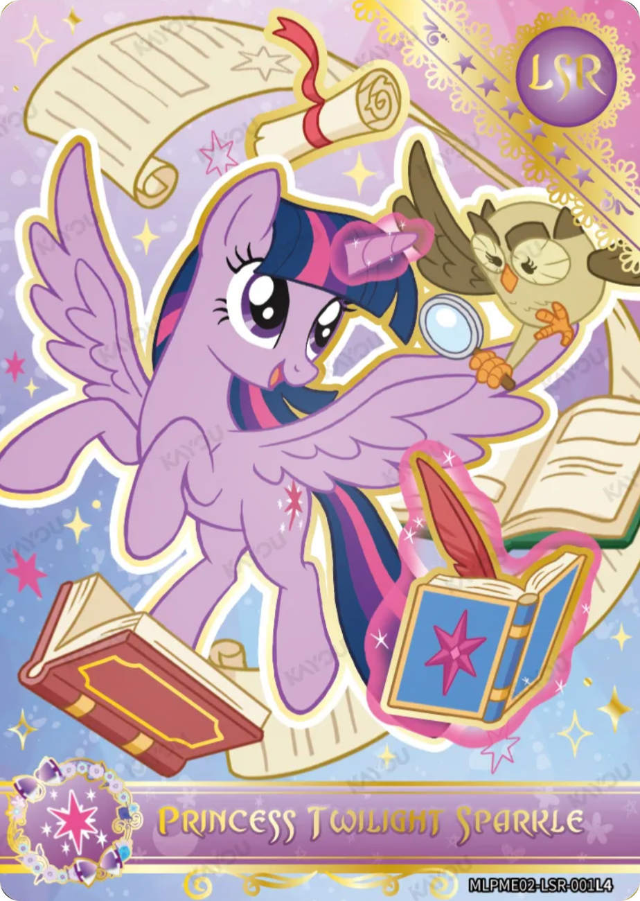 Princess Twilight Sparkle LSR card MLPME02-LSR-001L4, My Little Pony Kayou single: Princess Twilight Sparkle with floating books, scrolls and Owlowiscious, gold lace corner
