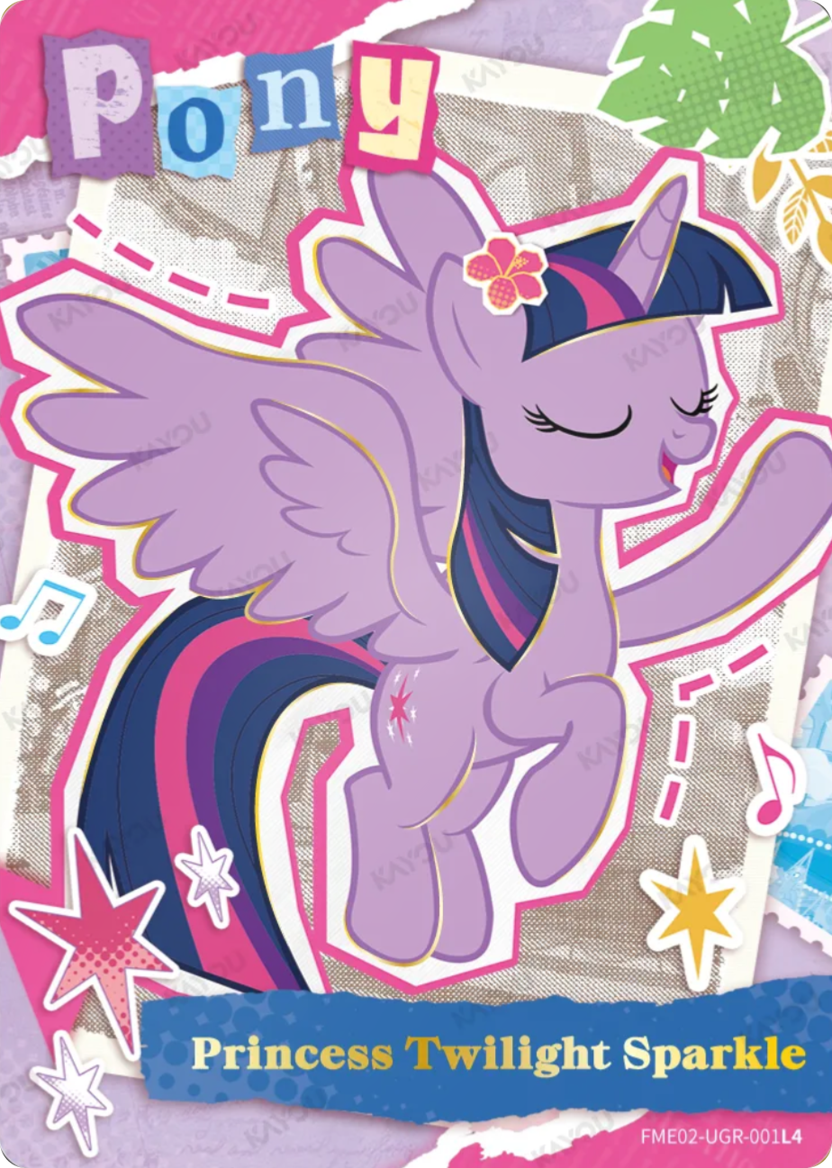 Princess Twilight Sparkle UGR card FME02-UGR-001L4, My Little Pony Kayou single: Princess Twilight Sparkle with a hibiscus and spread wings in a scrapbook collage