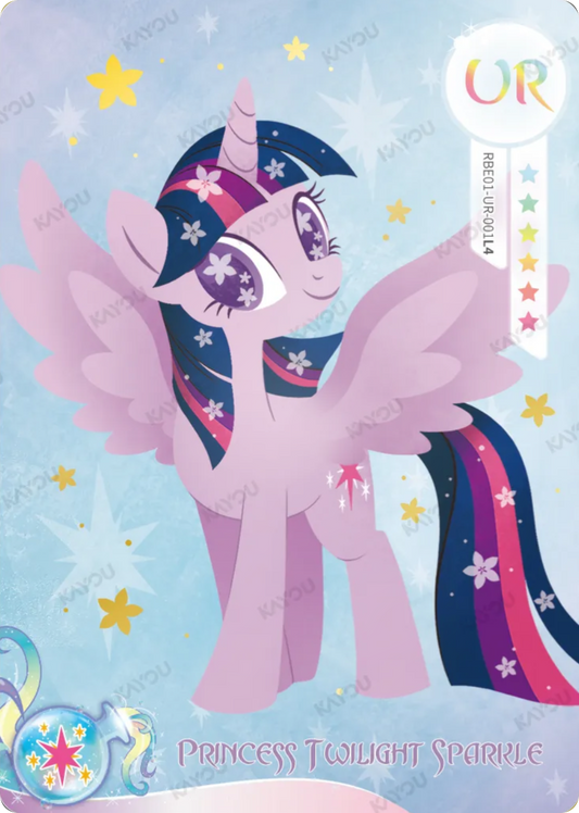 Princess Twilight Sparkle UR card RBE01-UR-001L4, My Little Pony Kayou single: Princess Twilight Sparkle with spread wings and flower-patterned eyes on a pale blue sky