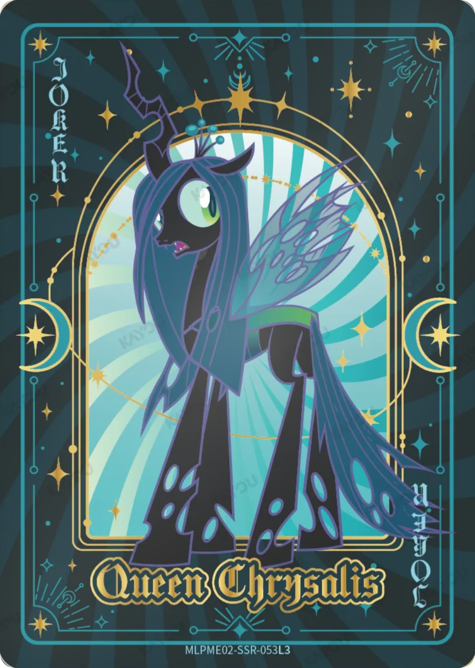Queen Chrysalis SSR card MLPME02-SSR-053L3, My Little Pony Kayou single: Queen Chrysalis on a dark teal Joker card with a gold arch and crescent moons