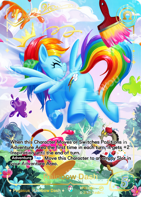 Rainbow Dash Colorful Rare card, My Little Pony TCG Discord Edition BP02-CR11, with Discord painting her rainbow mane